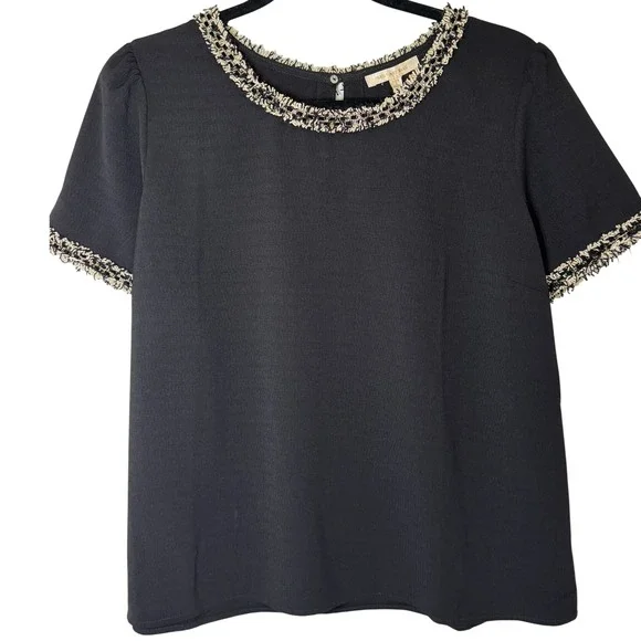 Skies Are Blue Black Tweed Trim Puff Sleeve Top Womens Size L Career Minimalist - Picture 2 of 9